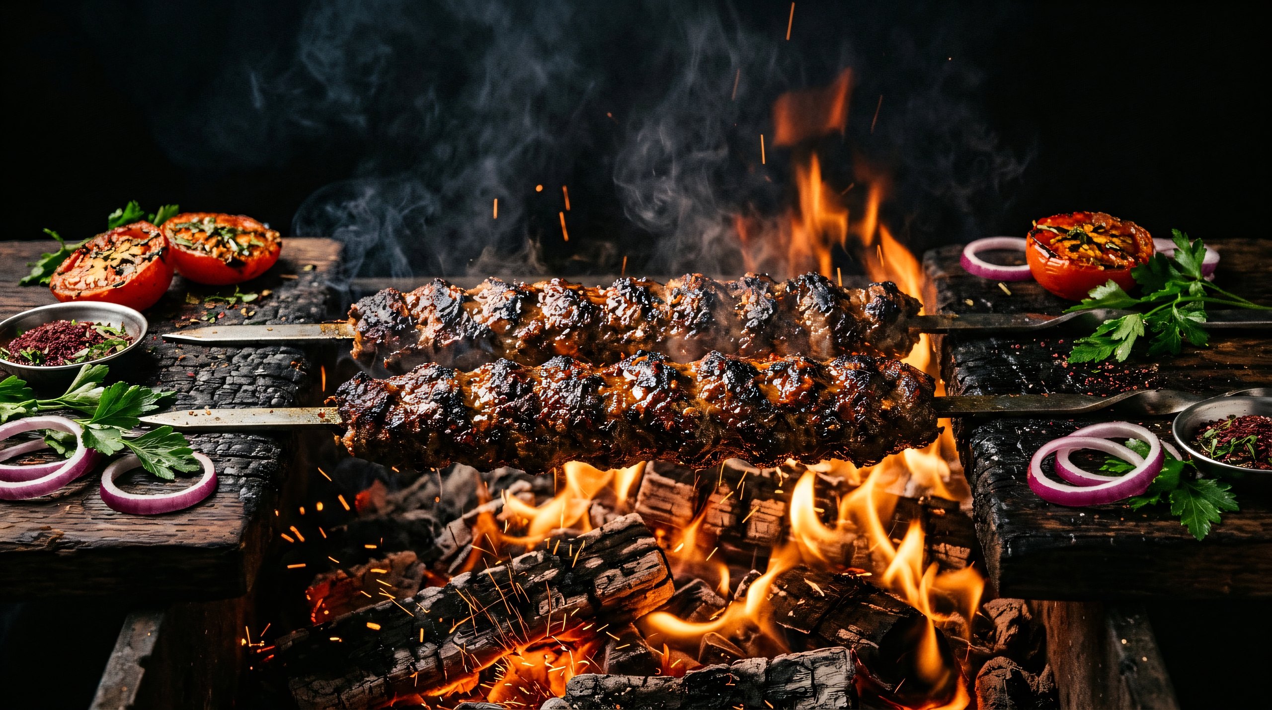 Flame-grilled beef lule kebab on skewers over an open fire, embers rising