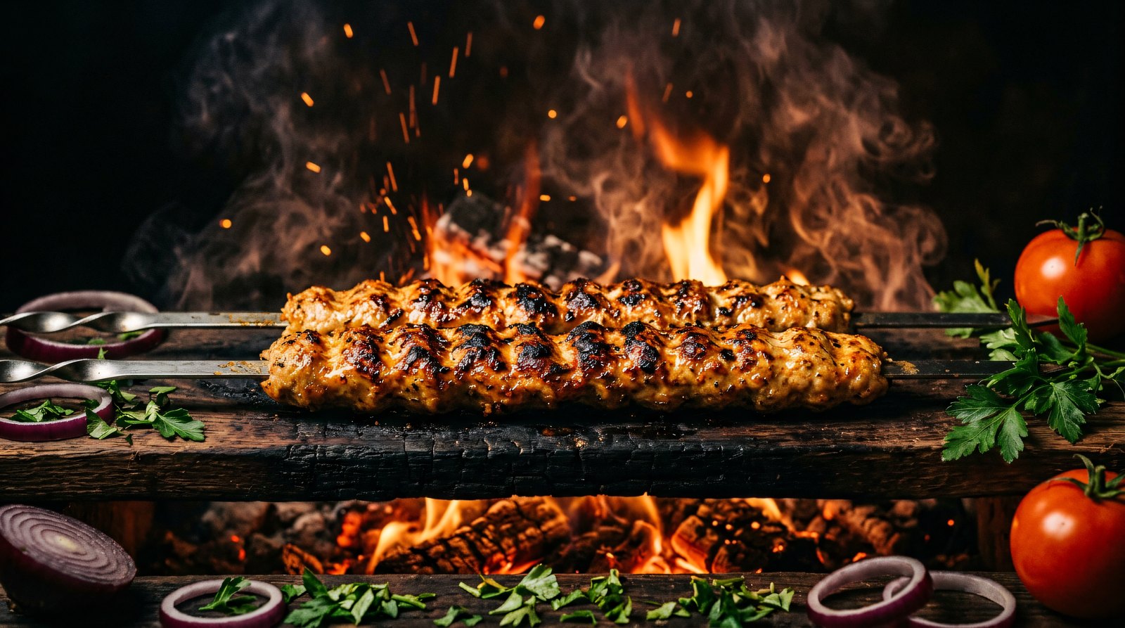 Chicken lule kebab charred over open flame with red onion and herbs